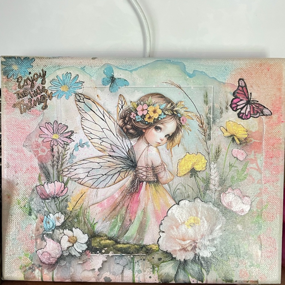 Whimsical Fairy Garden Wall Art- Handcrafted - Pink & Yellow